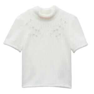 Zara Faux Fur Pearl Trim Top Size small Mock Neck EUC snow dainty pearls Angel